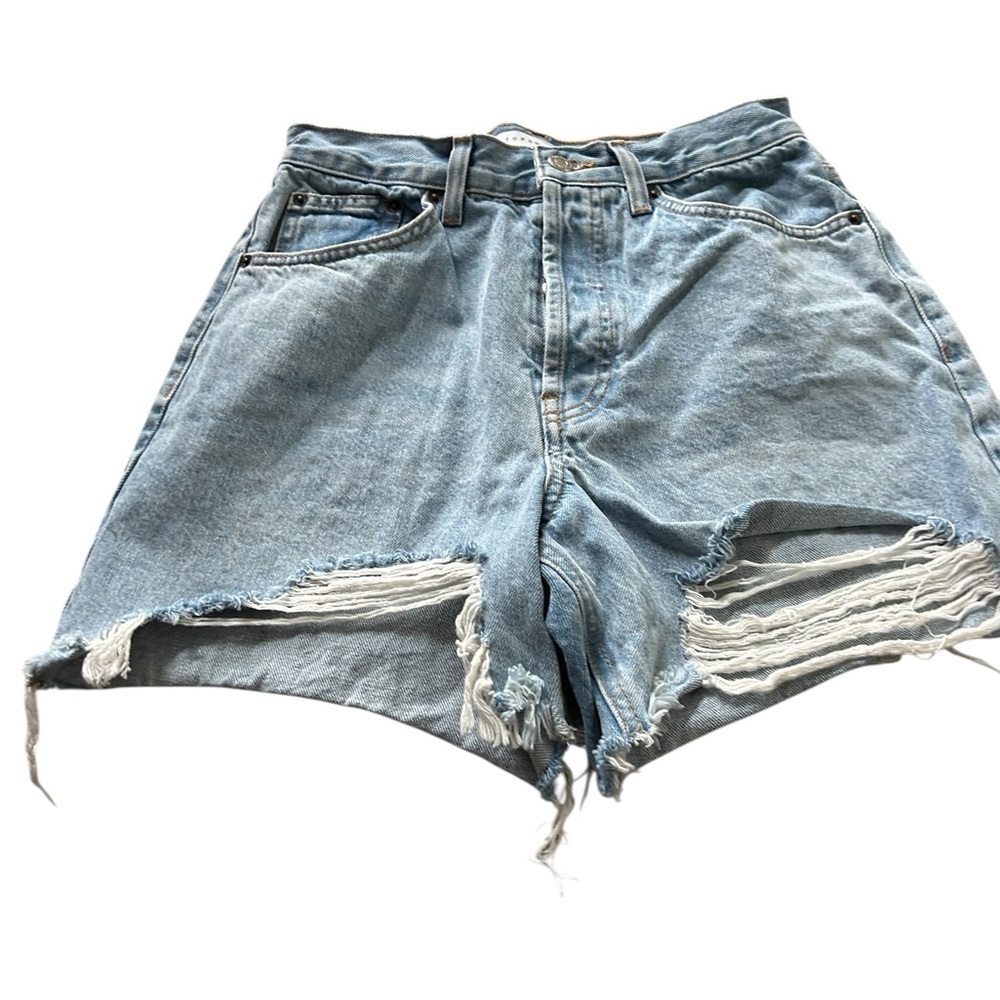 Topshop Light Blue Button Fly Distressed Denim Distressed Shorts